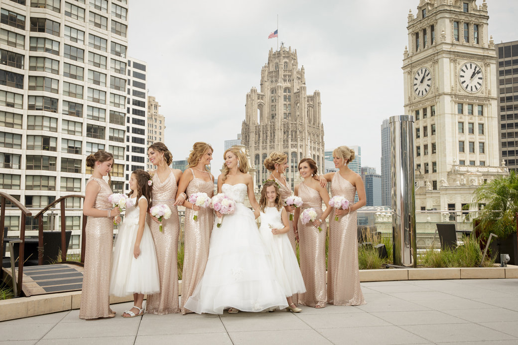 Monique Lhuillier Bridal Gown | Rose Gold Sequins Bridesmaids Gowns | Chicago Wedding | Chicago Skyline | Trump Hotel | Bubbly Moments