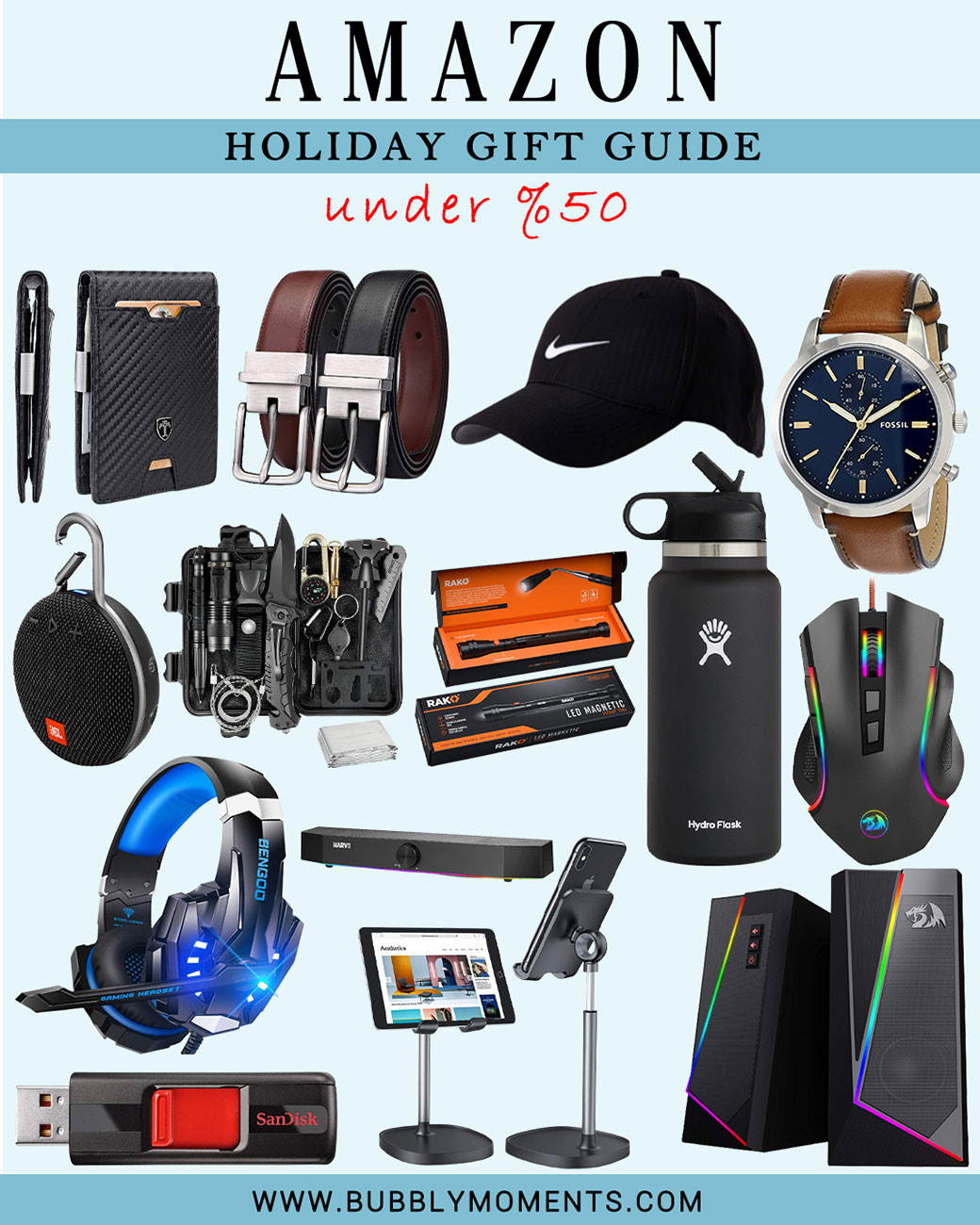 Gifts for him | Christmas gifts for men | Gifts for men | Gift ideas for men | Best gifts for men | Fossil Townsman Quartz Chronograph Watch | ZENOTTIC Polarized Sunglasses | BENGOO Stereo Gaming Headset | JBL Clip 3 Portable Waterproof Wifi Bluetooth Speaker | Mens Slim Wallet with Money Clip | Survival Kit 14 in 1 | Tactical Kit for Hiking Hunting | Telescoping Magnet Stick LED Lights | Adjustable Phone Stand for Desk | Redragon Desktop PC Stereo Speakers | Bubbly Moments