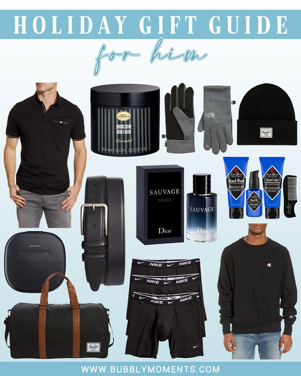 Gifts for him | Christmas gifts for men | Gifts for men | Gift ideas for men | Best gifts for men | Crew Sweatshirt | Dri-FIT Performance Boxer Briefs | Duffle Bag | Dior Sauvage Eau de Toilette | SoundLink Micro Bluetooth Speaker | Slim Fit Tipped Pocket Polo | Shaving Cream | Beard Grooming Set | Bubbly Moments