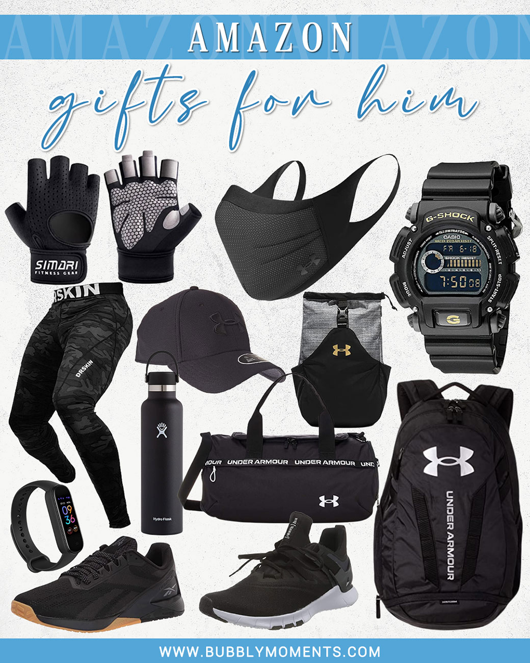 Holiday gift | christmas gifts | unisex gift ideas | face masks | christmas gift ideas | holiday gift guides | fashion gift ideas | electronics | inulated water bottle | gym bag | gym shoes | water bottle | under armour | Bubbly Moments