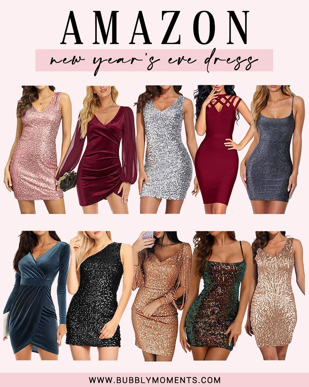 christmas outfits | holiday outfits | new years eve outfits | holiday outfit ideas | cocktail dress | one shoulder dress | velvet dresses | party dresses | luxury outfits | strapless dress | baclkess outfits | glitter bodycon | wrap dress | black dress | amazon finds | Bubbly Moments