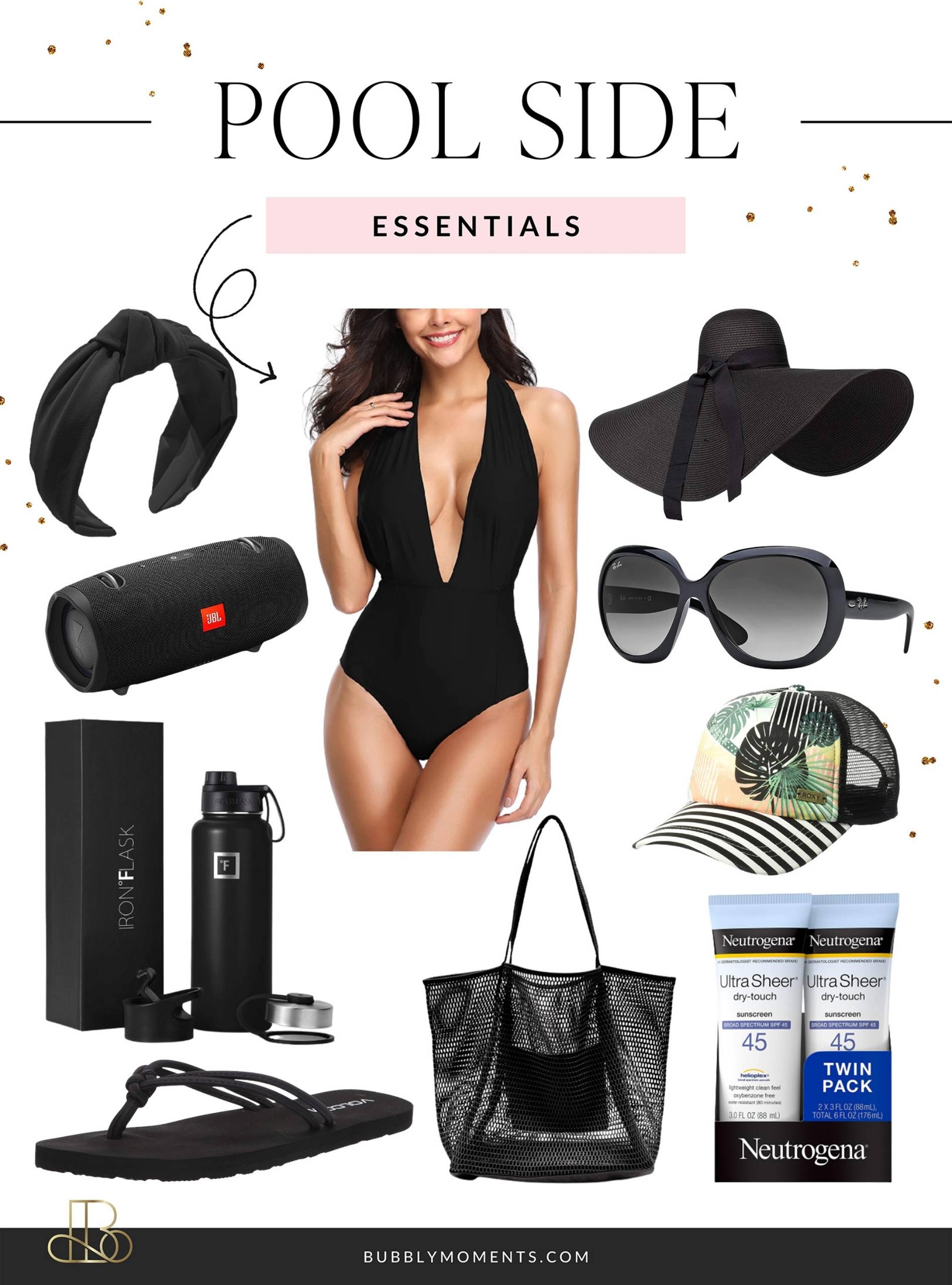 Summer 2022 Pool Essentials | Straw Sun Hat | Deep V Swimsuit | Flat Sandals | Bubbly Moments