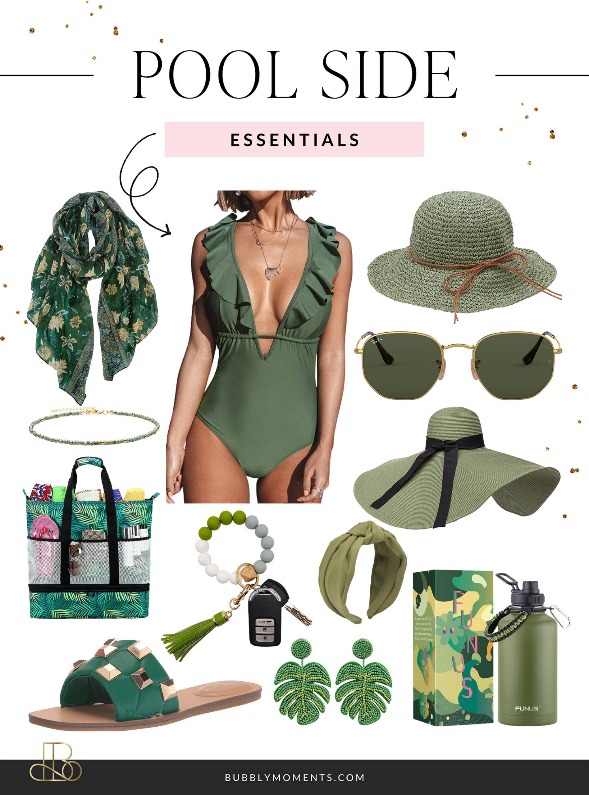 Summer 2022 Pool Essentials | Straw Sun Hat | Deep V Swimsuit | Flat Sandals | Bubbly Moments